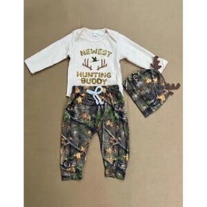 BRAND NEW WITH TAGS Newest Hunting Buddy Baby Outfit – Romper, Pants & Hat Set